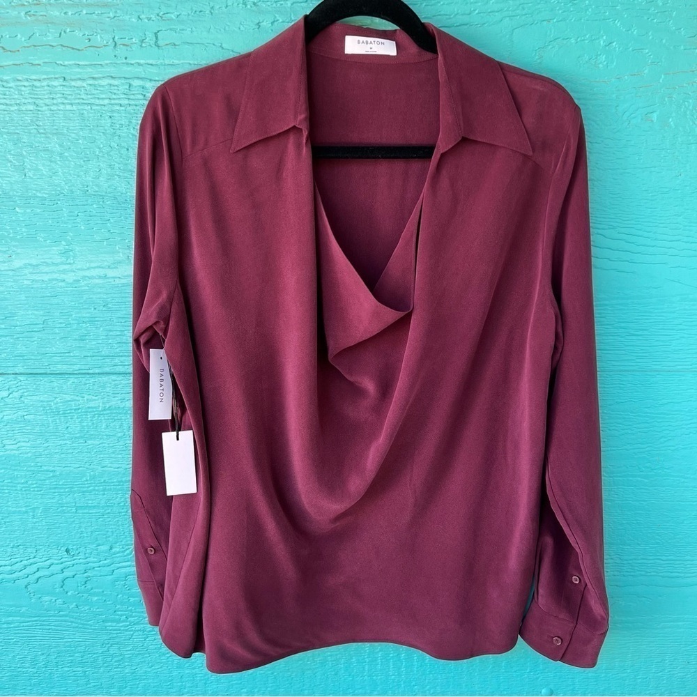 ARITZIA BABATON SILK RICH MAROON REIHANA DRAPED LONG SLEEVE TOP SIZE MEDIUM NWT